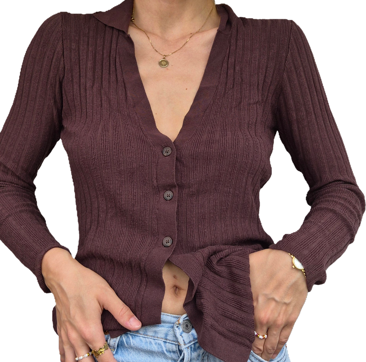 Rib Knit Cardigan | Viskose | Berry Brown (S)
