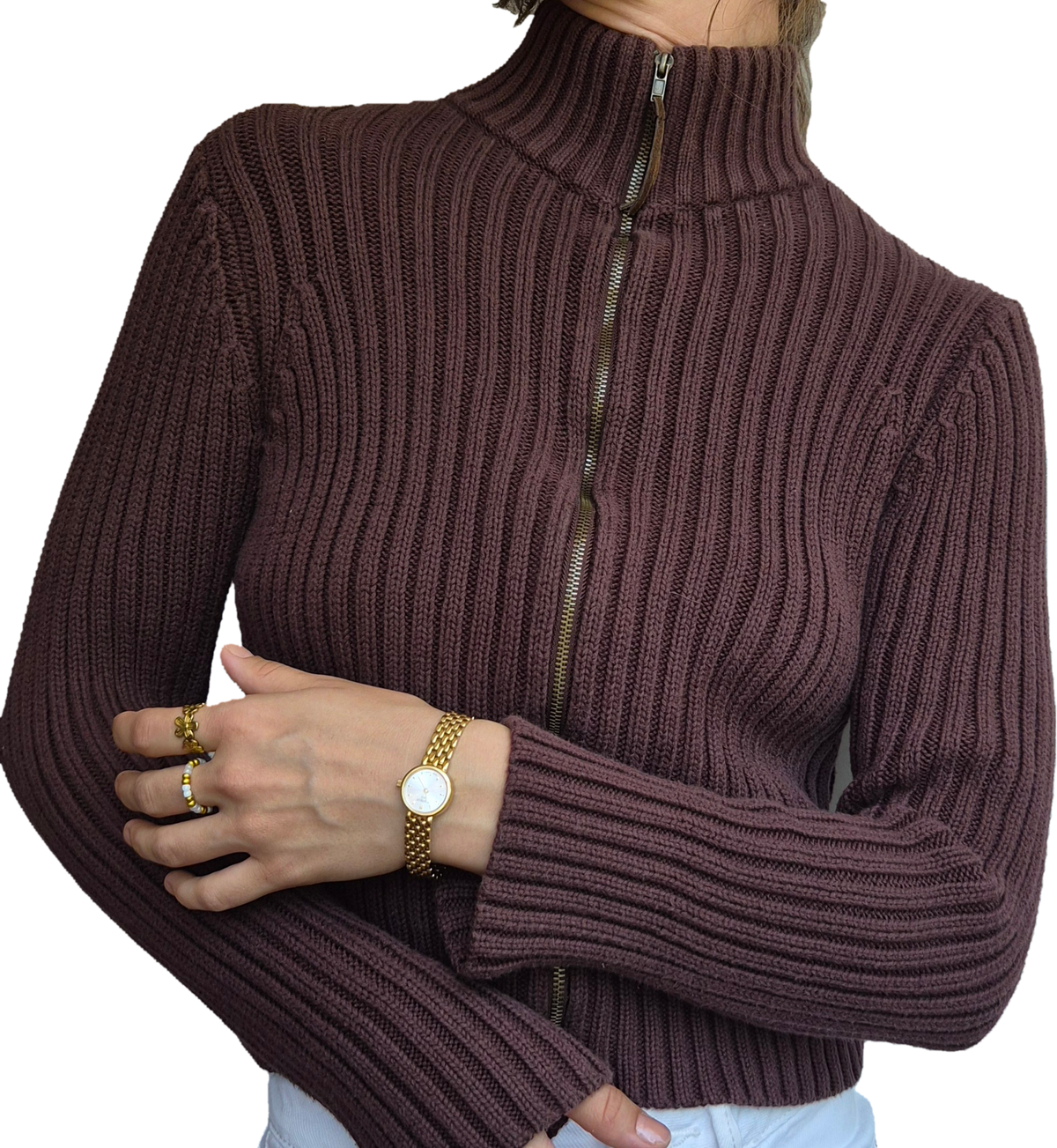 Ribbed Zip Cardigan | Chocolate Brown | 100% Baumwolle (XS)