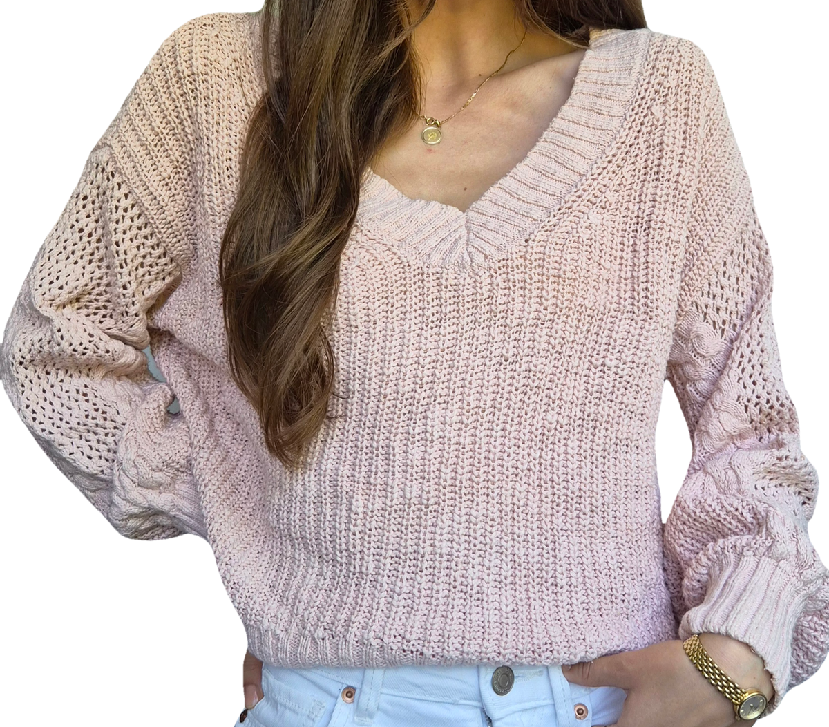 Chunky Knit Sweater | V-Neck | Creamy Rosé | 100% Baumwolle | XS