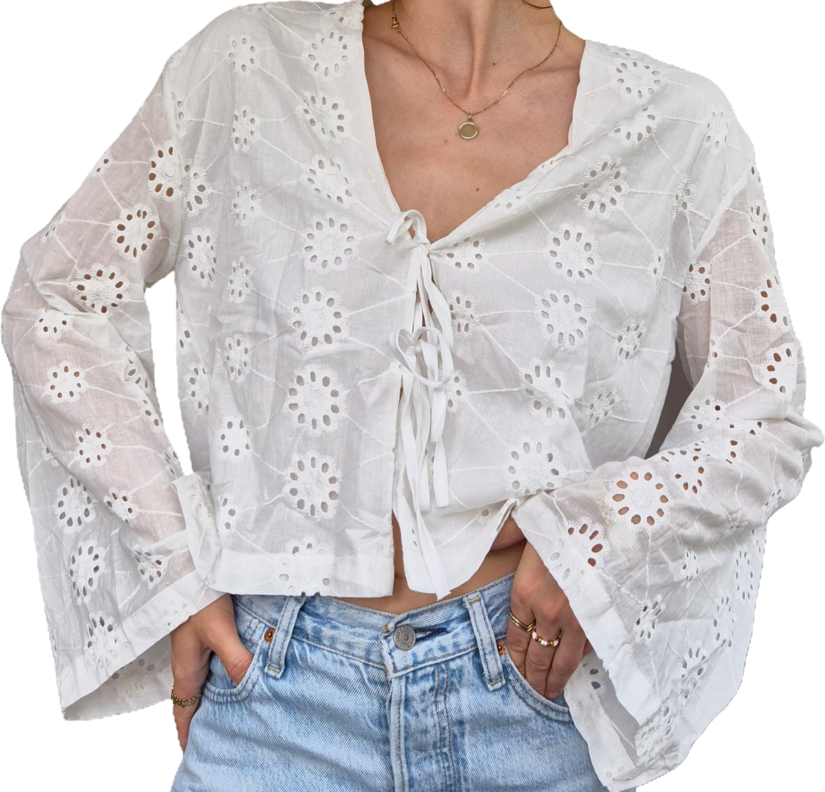 White Vintage Broderie Blouse | Tie Front | Baumwolle | M