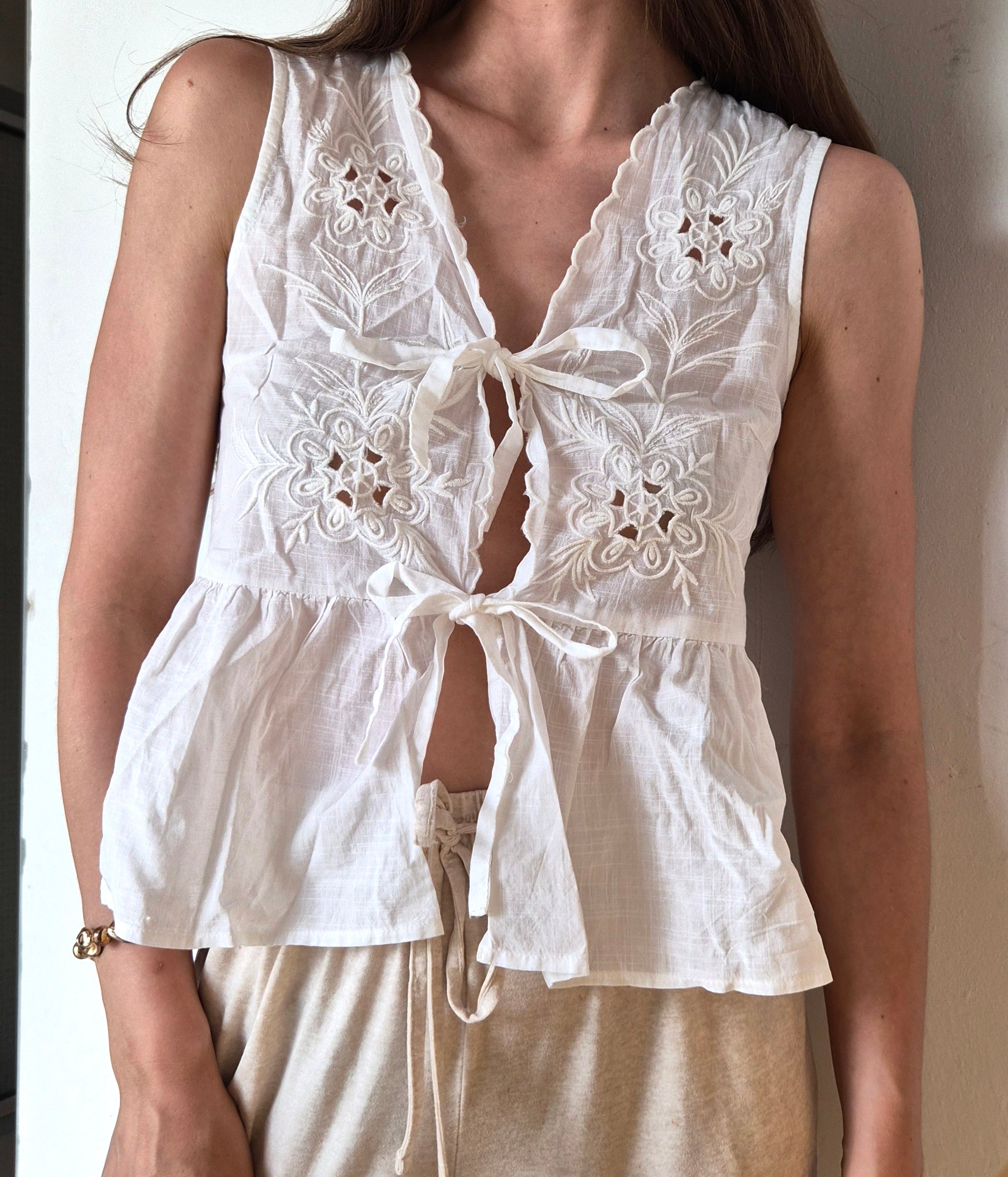 Vintage Leinen-Top mit Schleifendetail S