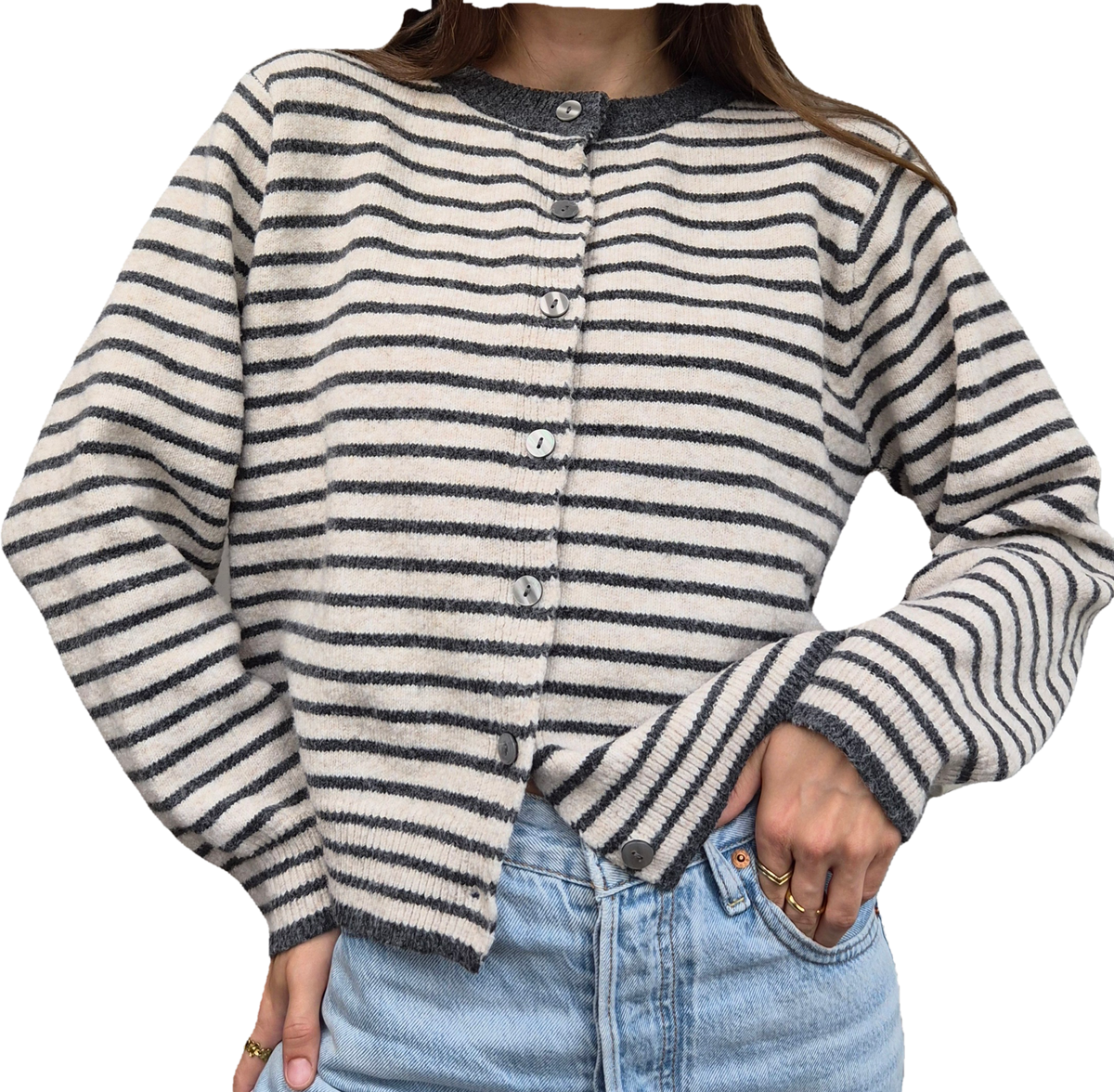 Striped Knit Cardigan| Creamy Grey | Scandi (S)