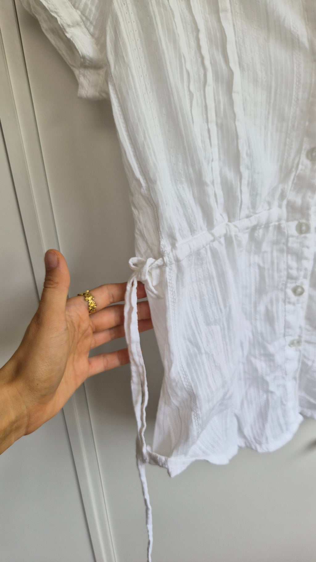 Vintage Sommerbluse Weiß mit Struktur & Taillenzug S