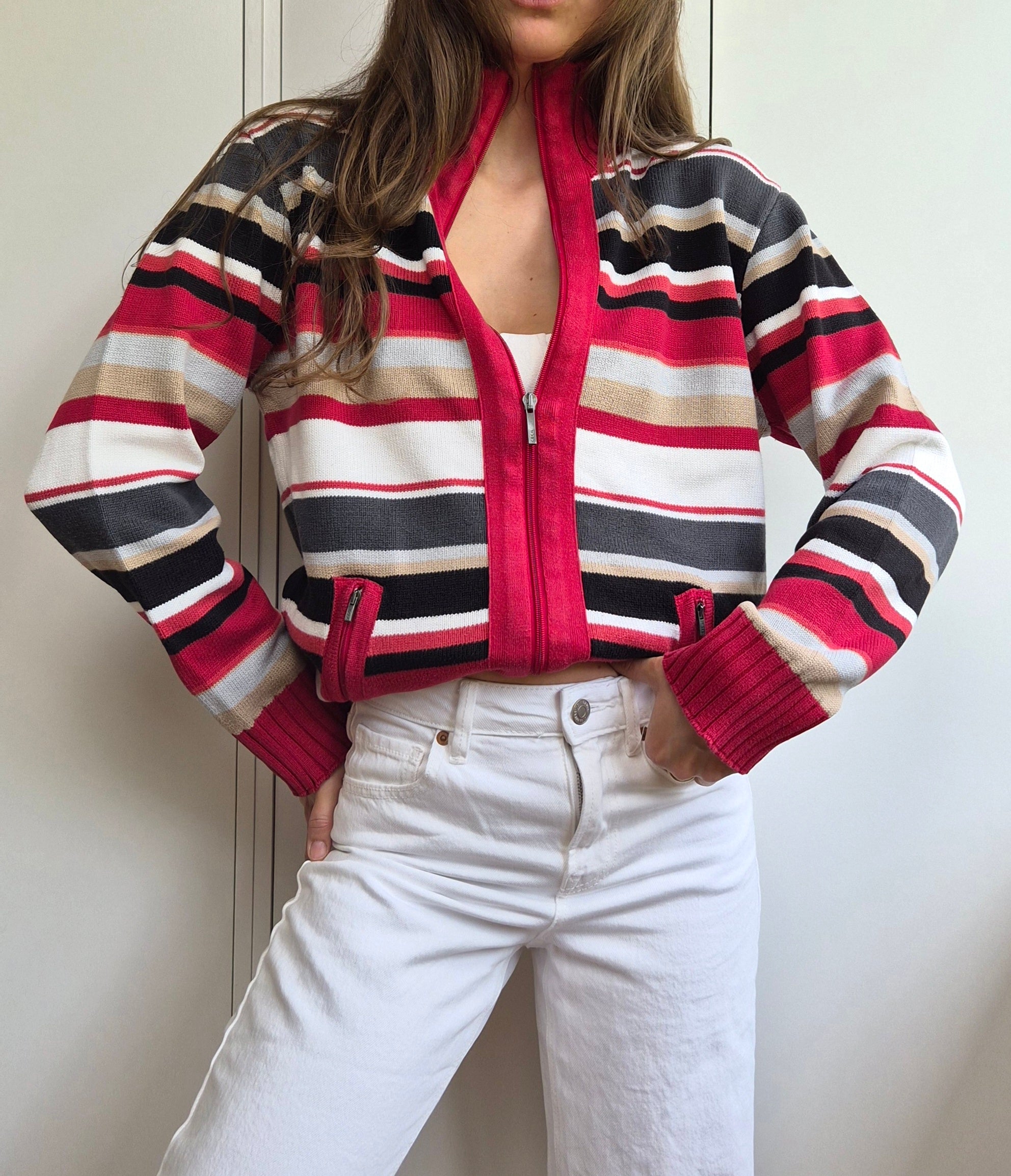 Vintage Zip Strickjacke gestreift
