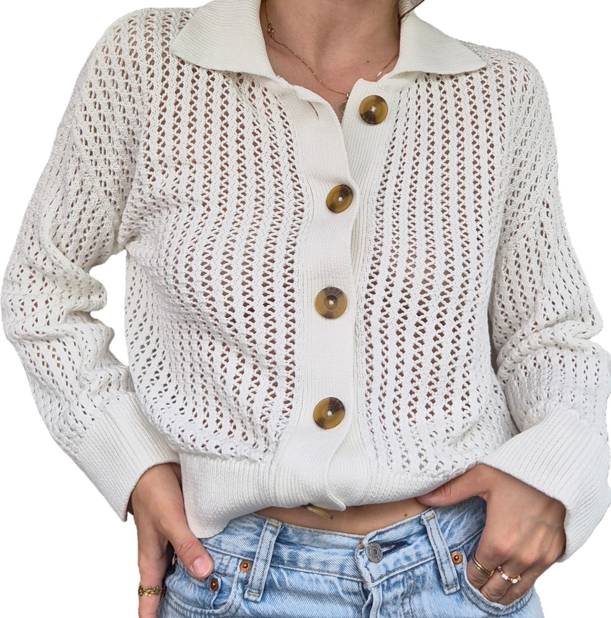 Vintage Open Knit Cardigan |100% Baumwolle | weiß (S)